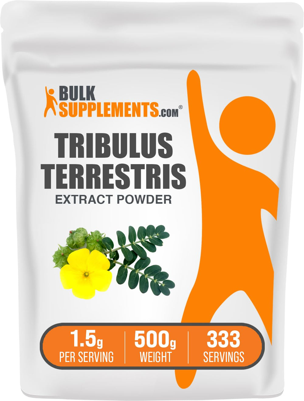 Bulksupplements Tribulus Terrestris powder bottle showing gluten-free herbal extract for daily use.