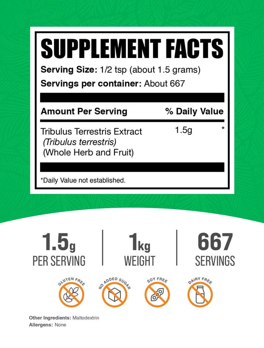 BulkSupplements Tribulus Terrestris Extract Powder with scoop ready for easy use.