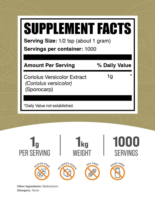 BulkSupplements Turkey Tail Extract powder close-up, ideal for smoothies and meals