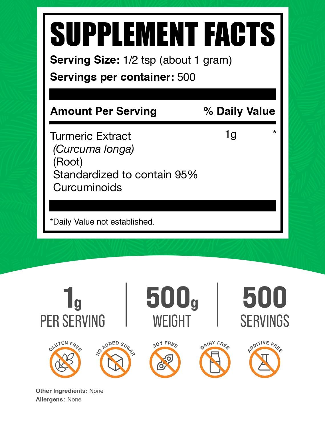 BulkSupplements Turmeric Extract packaging label highlighting gluten-free quality.