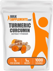 BulkSupplements turmeric extract powder bottle close-up highlights curcumin for daily wellness.