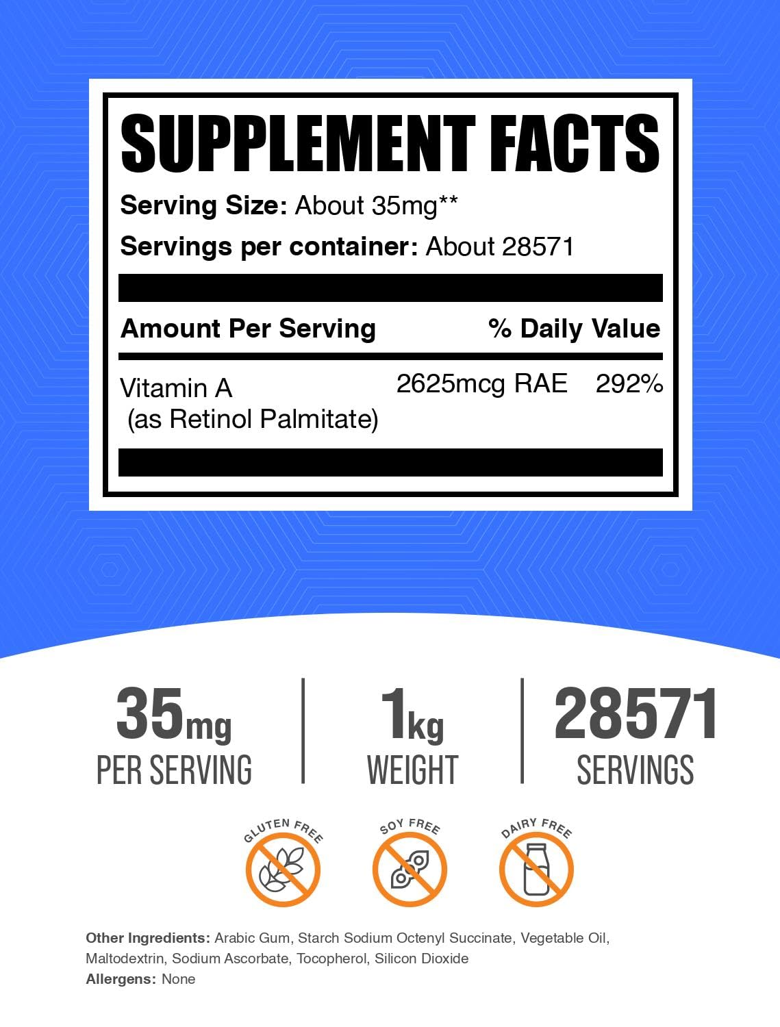 Close-up of the Vitamin A Palmitate label for clear ingredient verification and trust