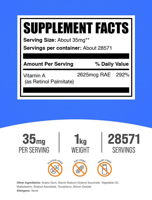 Close-up of the Vitamin A Palmitate label for clear ingredient verification and trust