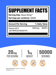 BulkSupplements Vitamin B12 methylcobalamin label highlights ingredients for transparency.