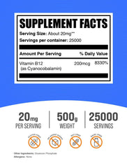 BulkSupplements Vitamin B12 powder cyanocobalamin jar highlights purity and quality production.