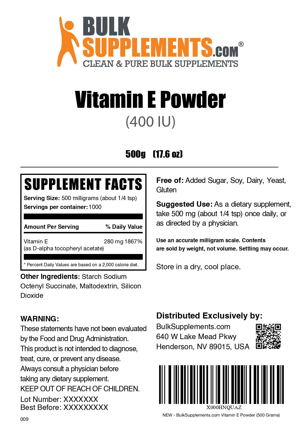 BulkSupplements Vitamin E 400 IU powder packaging emphasizes gluten-free status and cGMP quality