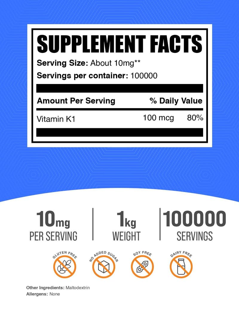 BulkSupplements Vitamin K1 powder with scoop showing convenient mixing into smoothies.