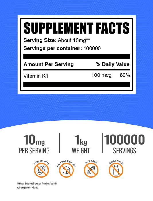 BulkSupplements Vitamin K1 powder with scoop showing convenient mixing into smoothies.
