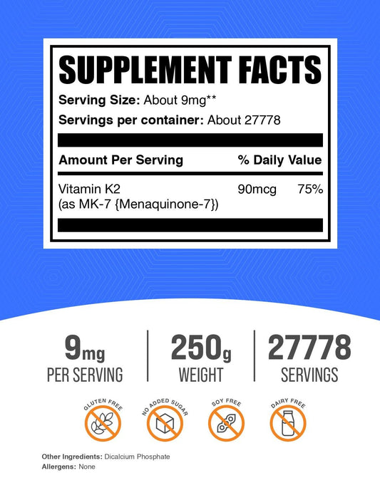 BulkSupplements Vitamin K2 powder scoop beside container for easy daily dosing