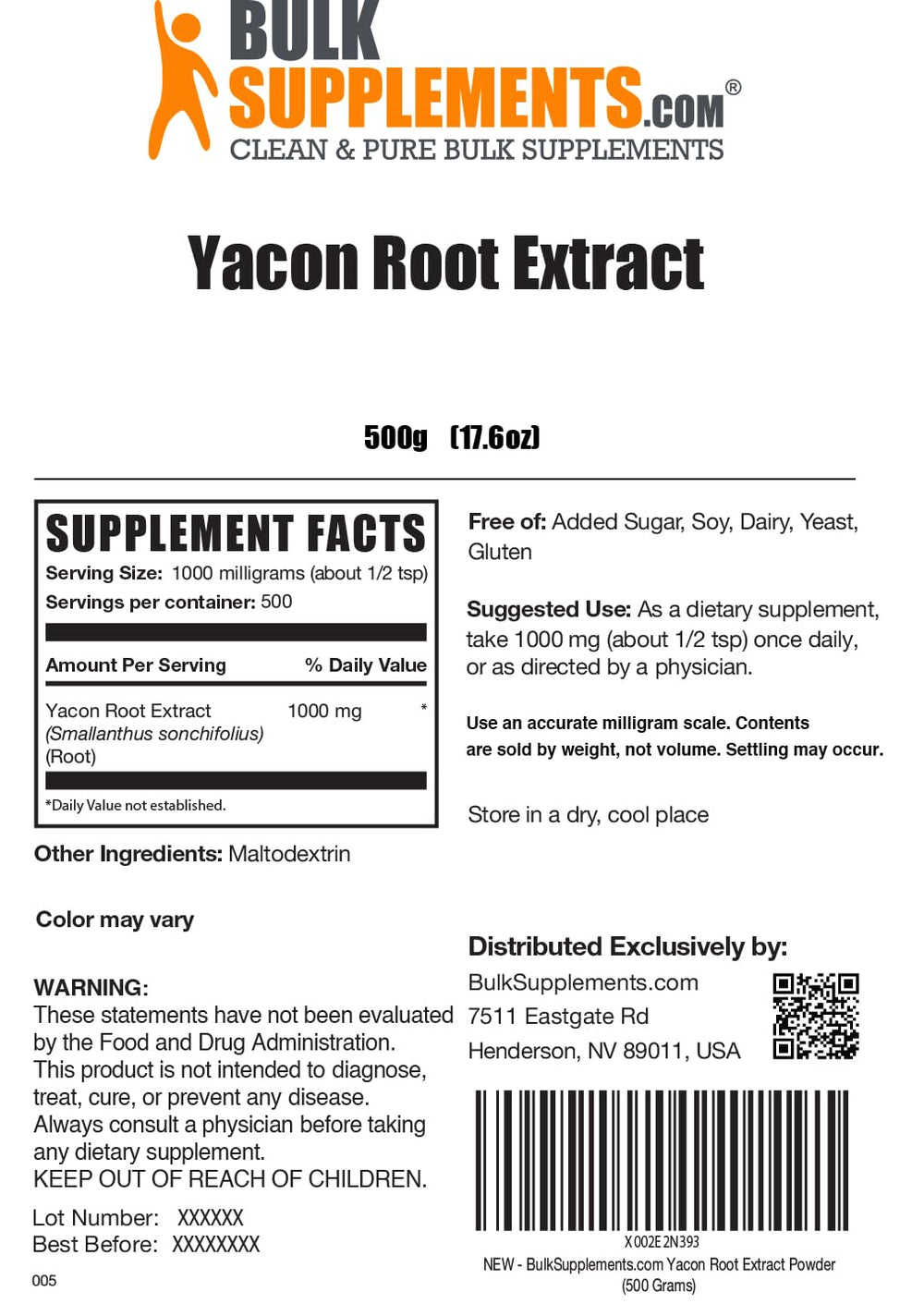 BulkSupplements Yacon Root Extract Powder lab-testing quality seal.