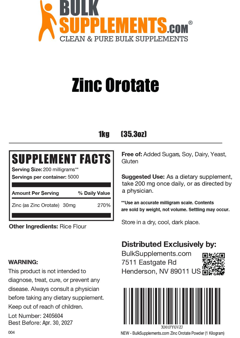 BulkSupplements Zinc Orotate powder product shot on a clean pantry shelf for easy everyday use