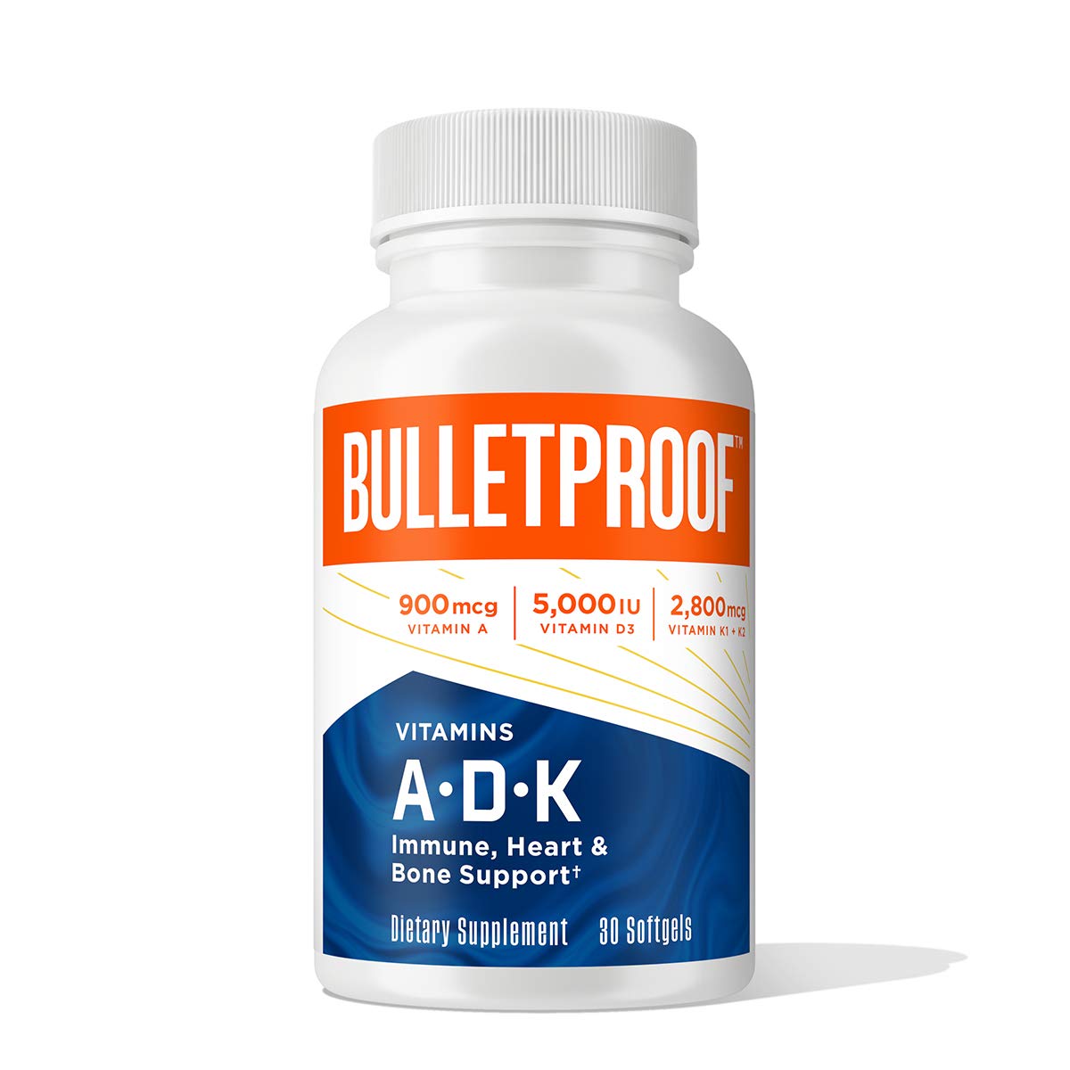 Bulletproof A-D-K softgels bottle for convenient daily bone and immune support.