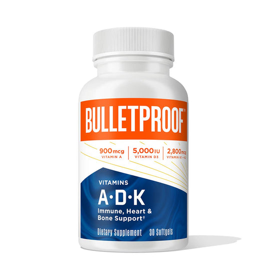 Bulletproof A-D-K softgels bottle for convenient daily bone and immune support.