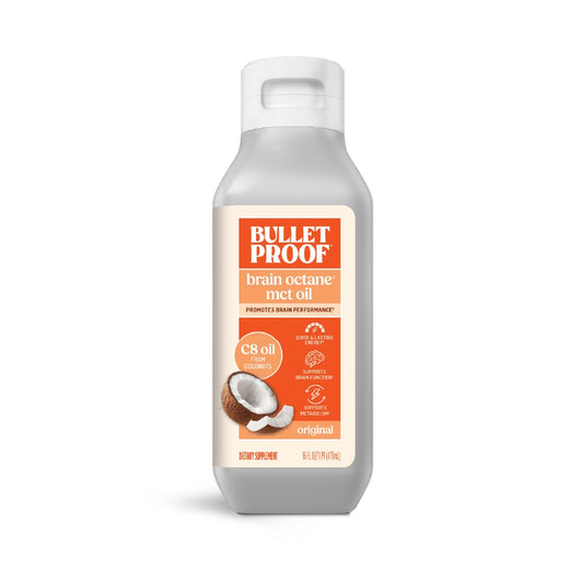 Bulletproof Brain Octane bottle pour showing quick energy for mornings.