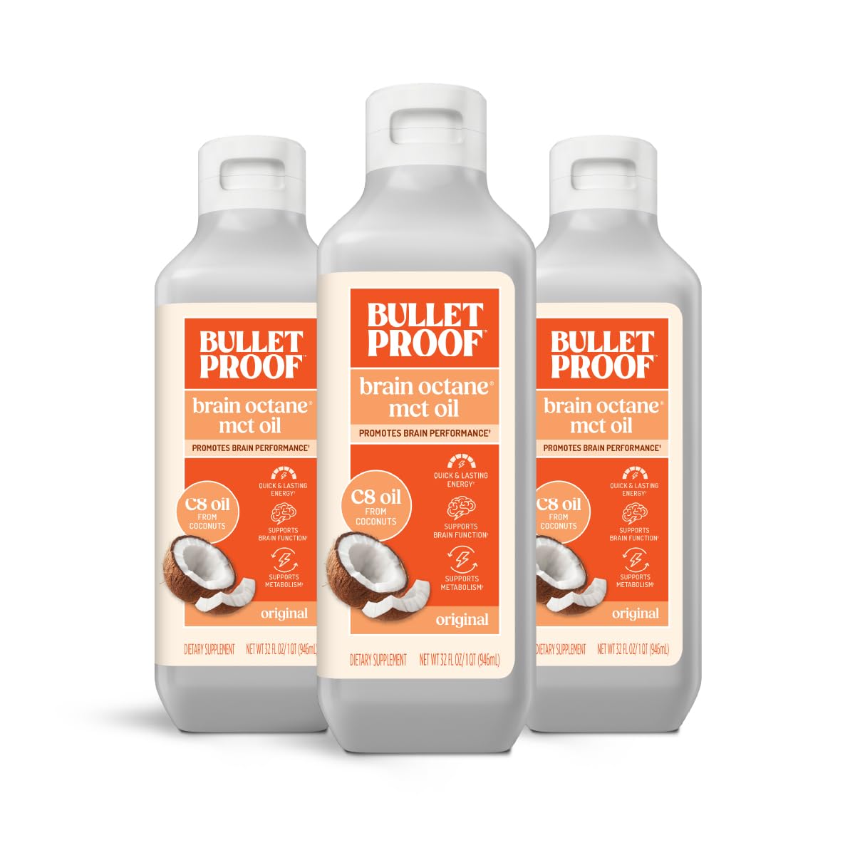 Bulletproof Brain Octane C8 MCT Oil 32 oz bottle boosts energy with pure coconut oil