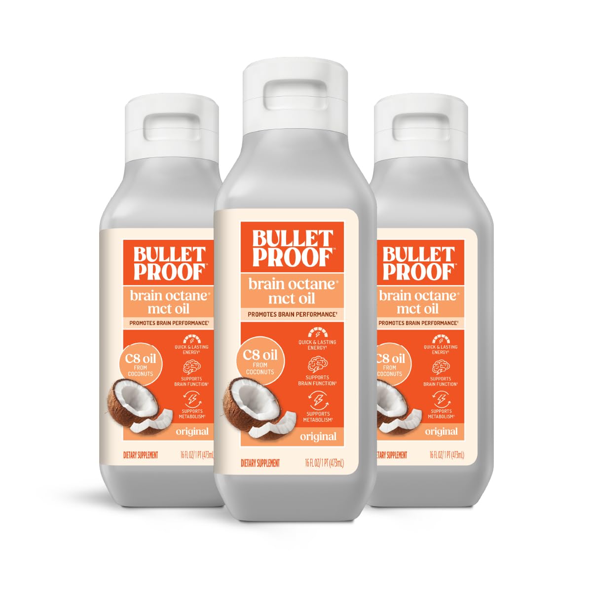 Bulletproof Brain Octane C8 MCT Oil triple-pack bottle ideal for quick energy