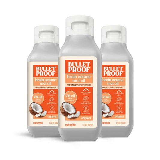 Bulletproof Brain Octane C8 MCT Oil triple-pack bottle ideal for quick energy