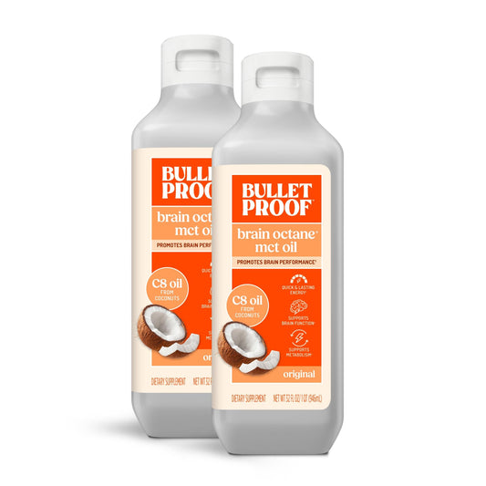 Bulletproof Brain Octane C8 MCT Oil bottle front view showing 2-pack