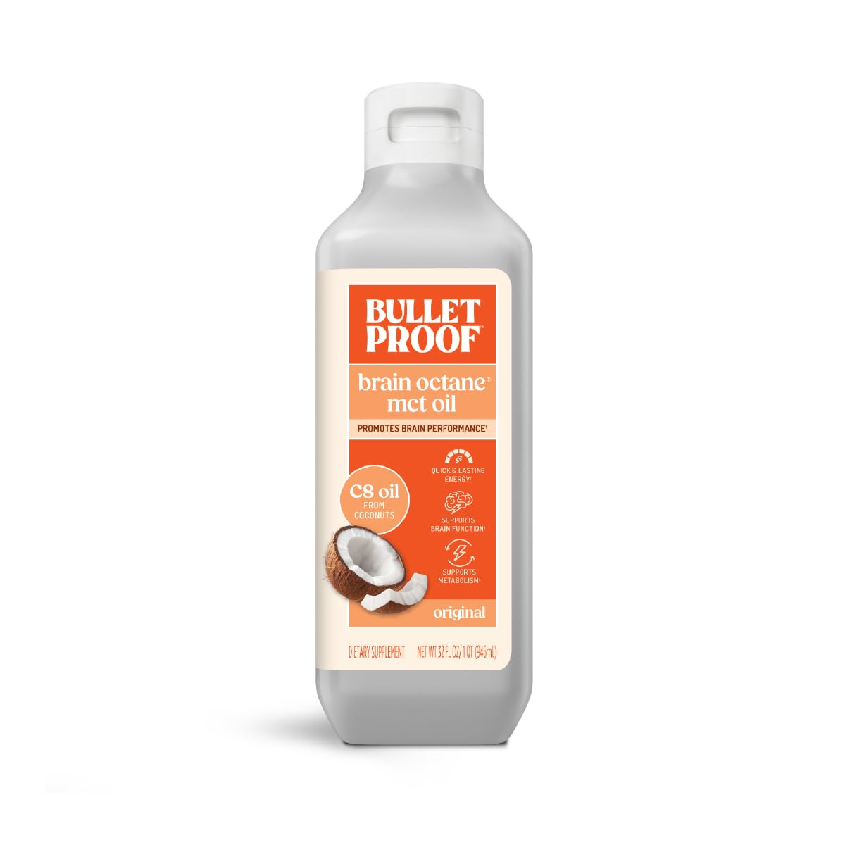 Bulletproof Brain Octane C8 MCT Oil bottle highlights pure coconut oil for quick energy in coffee