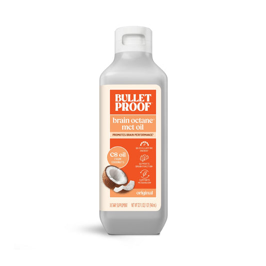 Bulletproof Brain Octane C8 MCT Oil bottle highlights pure coconut oil for quick energy in coffee