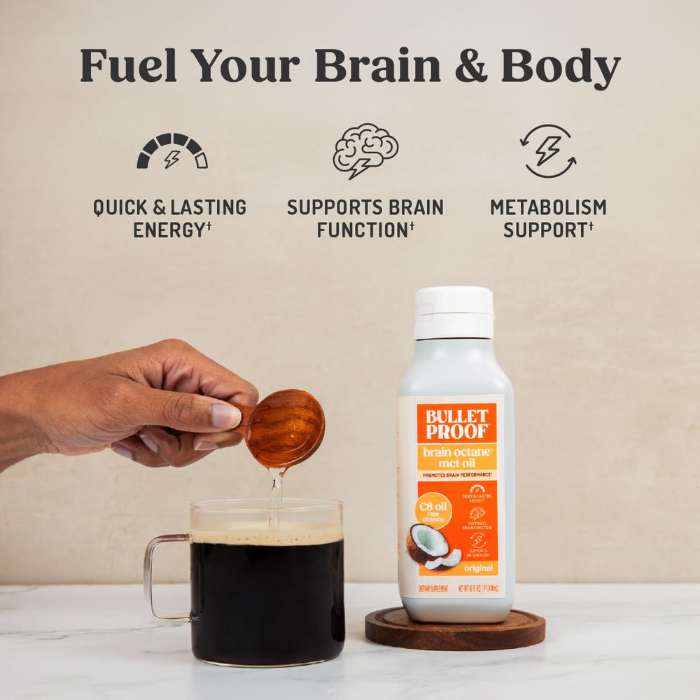 Bulletproof Brain Octane C8 MCT Oil being poured into coffee