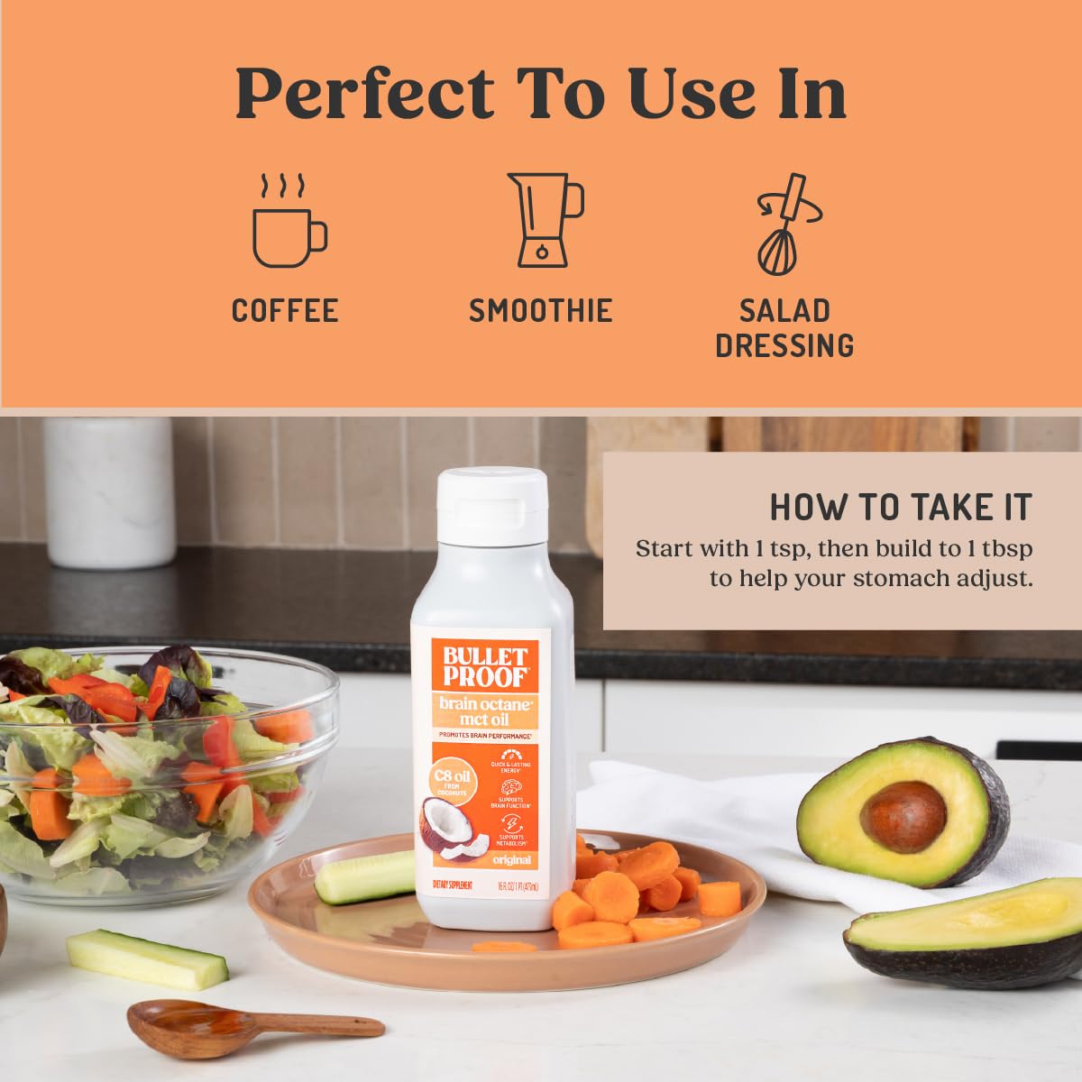 Pouring Bulletproof Brain Octane into a spoon for quick energy use