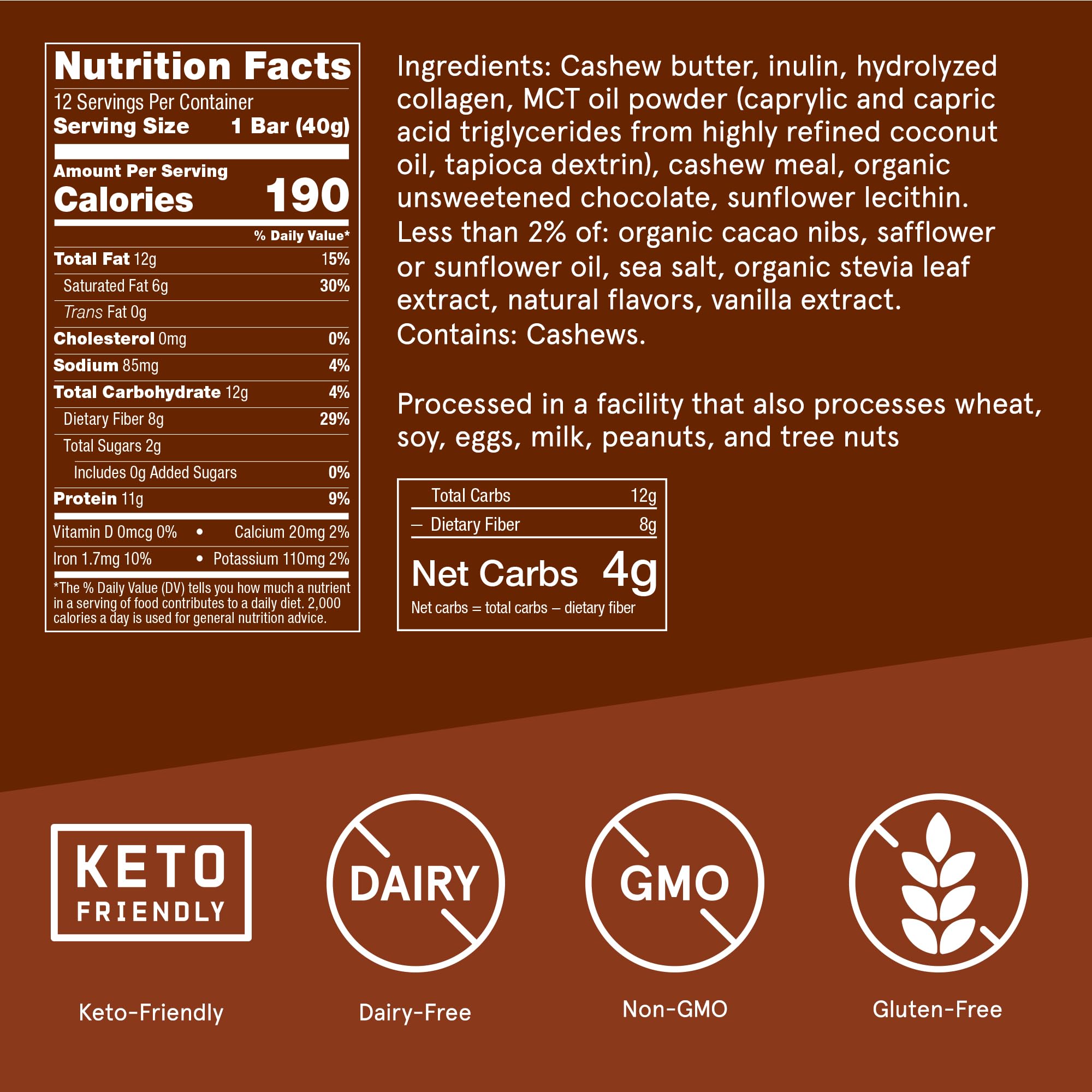 Bulletproof bar close-up highlights chocolate chips and cacao nibs for a cookie-like texture.