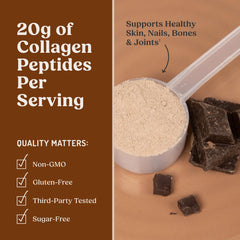 Bulletproof Chocolate Collagen Jar with spoon, easy addition to beverages.
