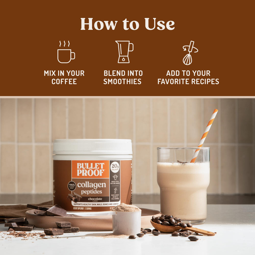 Hot water dissolves Bulletproof Chocolate Collagen Peptides for a comforting drink.