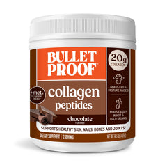 Bulletproof Chocolate Collagen Peptides with MCT Oil jar for daily skin support.