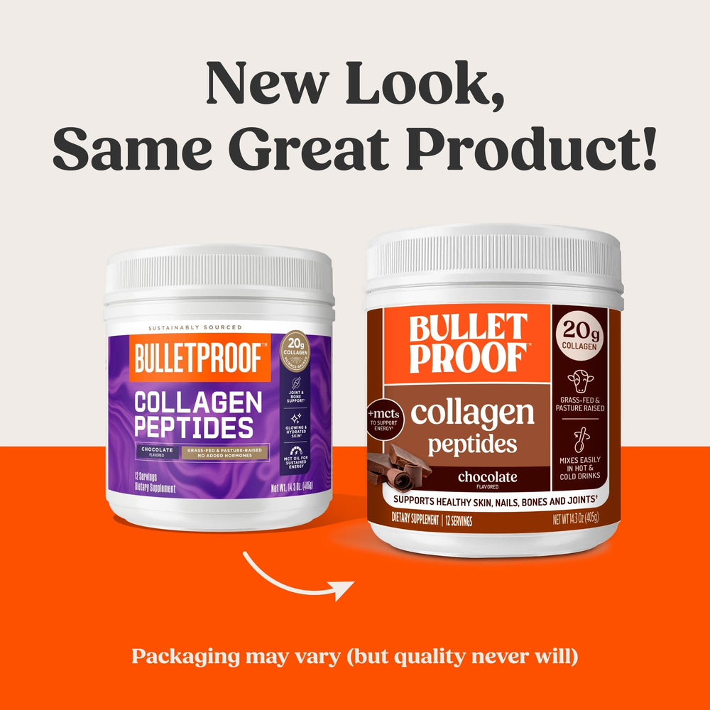 Bulletproof Chocolate Collagen Peptides label highlights MCT oil and keto compatibility.