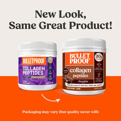 Bulletproof Chocolate Collagen Peptides label highlights MCT oil and keto compatibility.