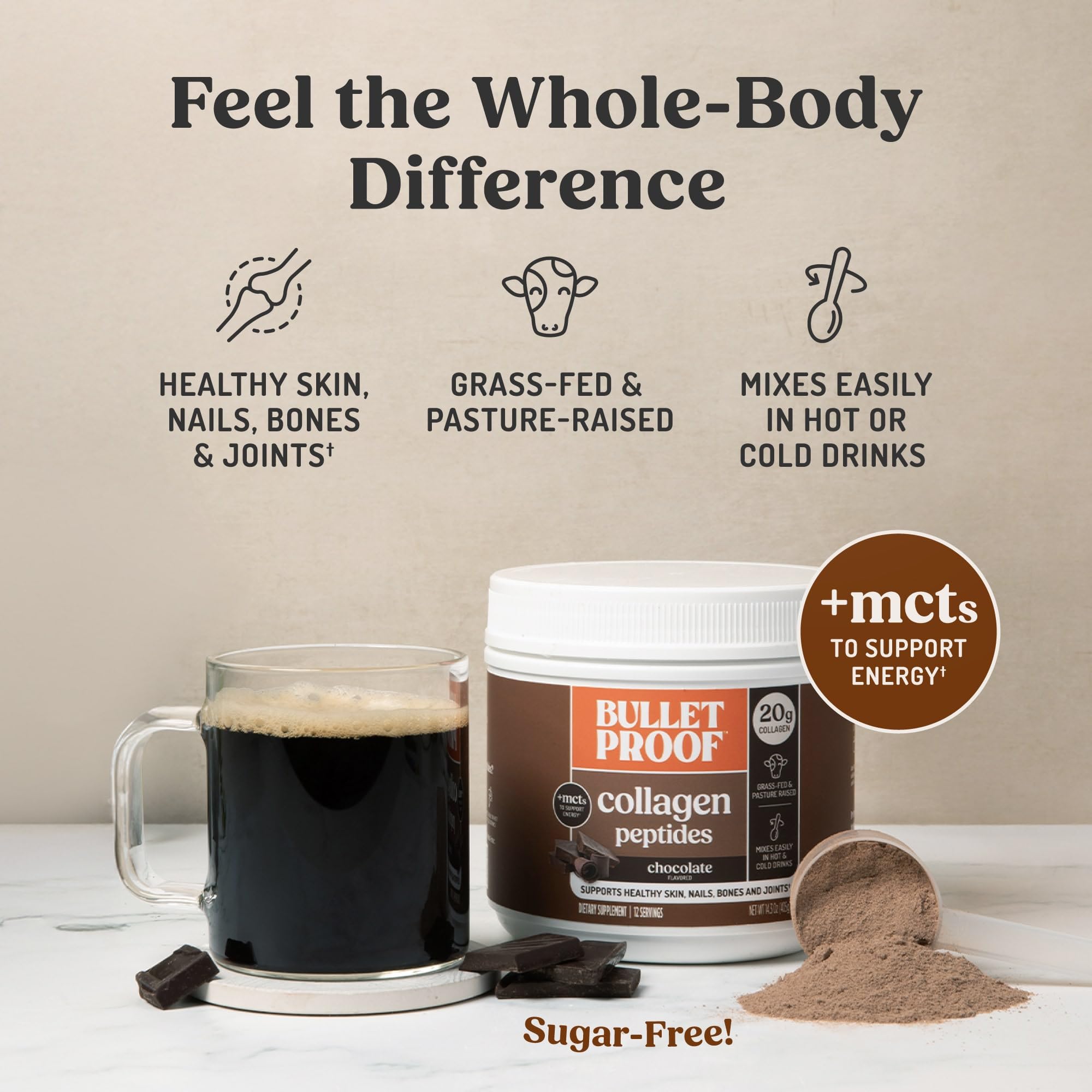 Bulletproof Chocolate Collagen Peptides blended into a smoothie for protein boost.