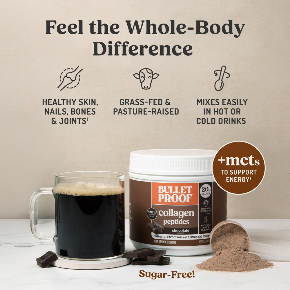 Bulletproof Chocolate Collagen Peptides blended into a smoothie for protein boost.