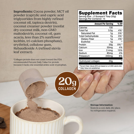 Bulletproof chocolate collagen powder being scooped into hot coffee for a creamy boost.
