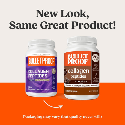 Bulletproof Chocolate Collagen Scoop next to a shake for quick mix.