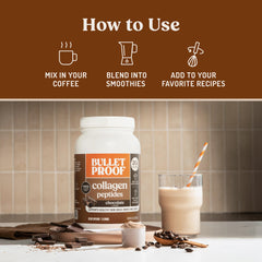 Bulletproof Chocolate Collagen Stirring in hot water for silky texture.
