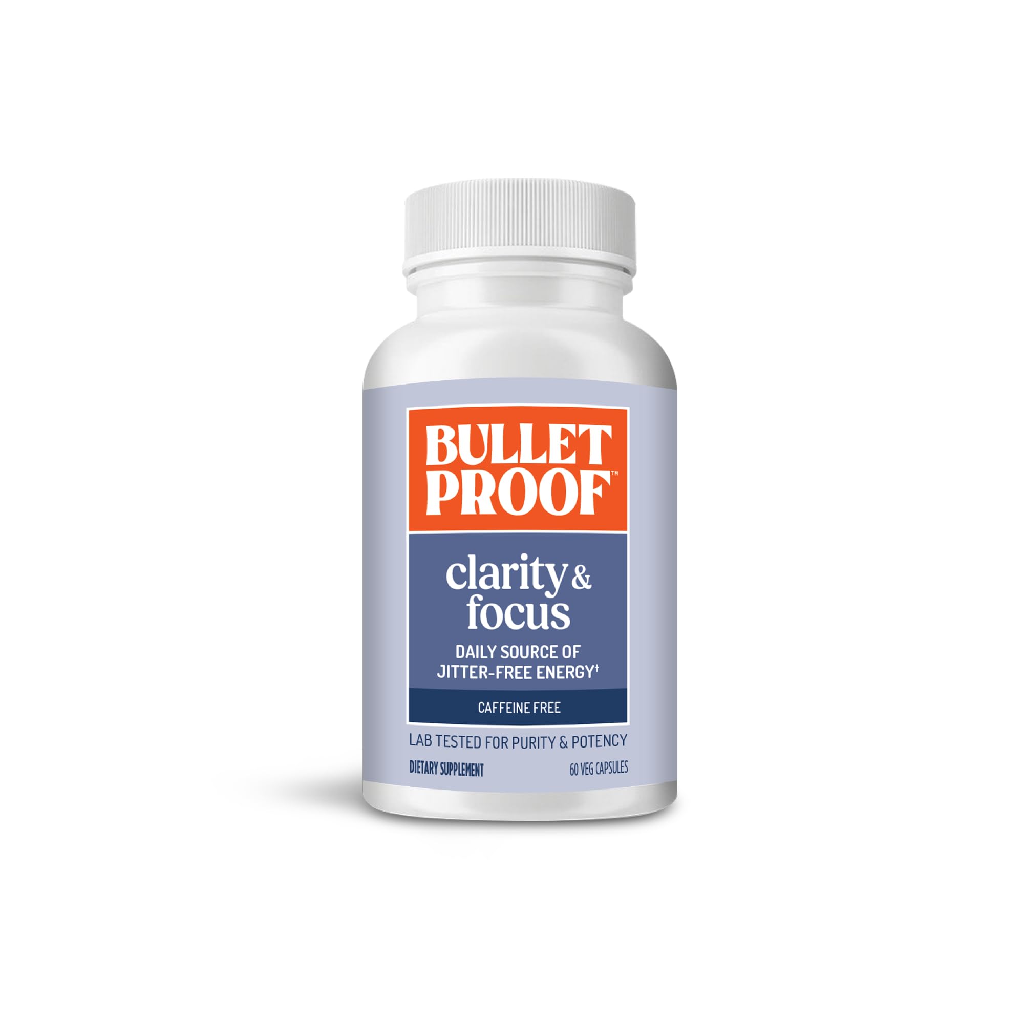 Bulletproof Clarity + Focus bottle front view highlighting caffeine-free mental clarity support.