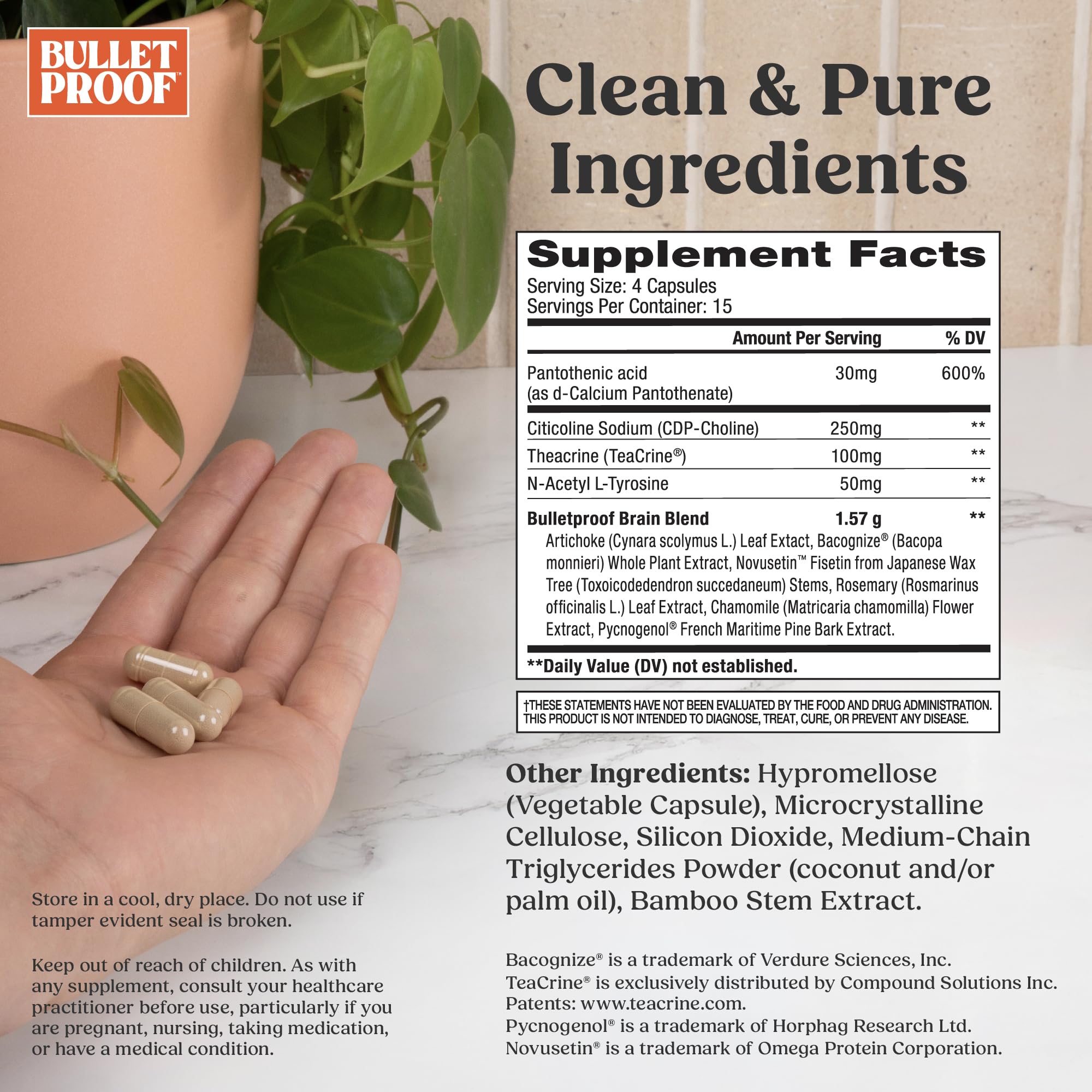 Bulletproof Clarity + Focus bottle label close-up emphasizes caffeine-free cognitive support.