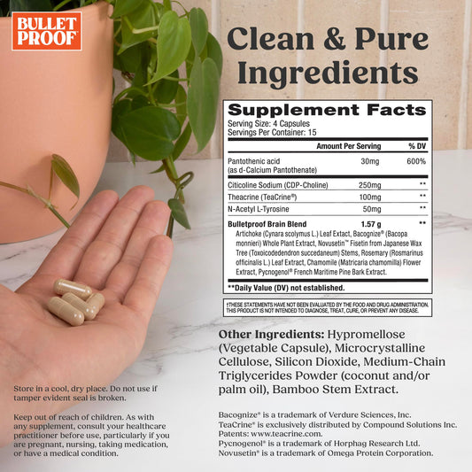 Bulletproof Clarity + Focus bottle label close-up emphasizes caffeine-free cognitive support.