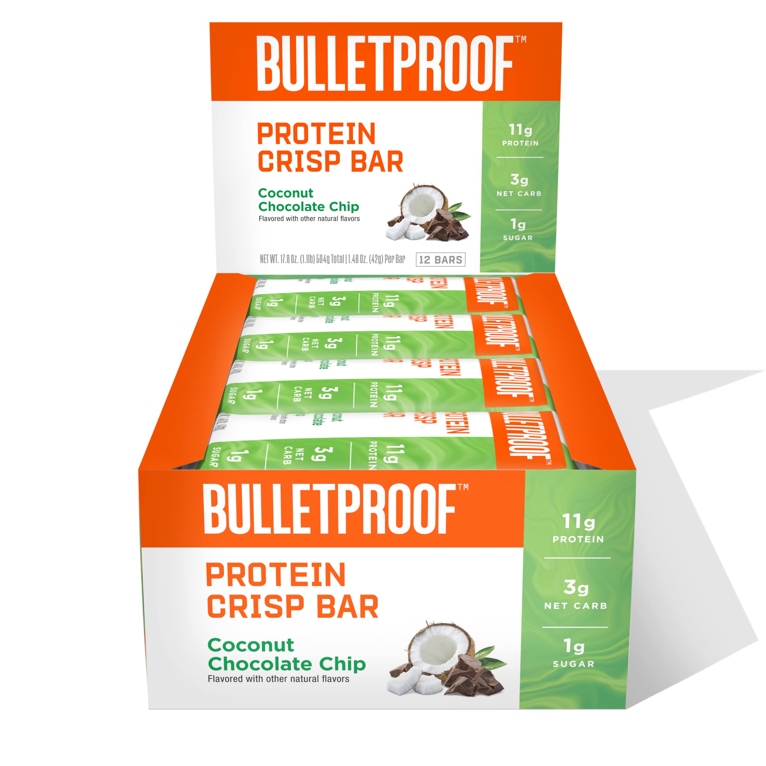 Bulletproof Coconut Chocolate Protein Crisp Bars pack for on the go high protein snacking.