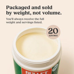 Bulletproof collagen peptides bottle with label and scoop for serving.