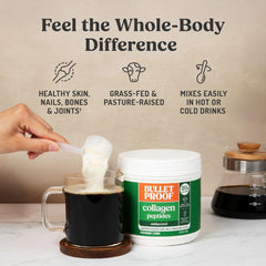 Bulletproof collagen peptides mixing into coffee for a smooth protein boost.