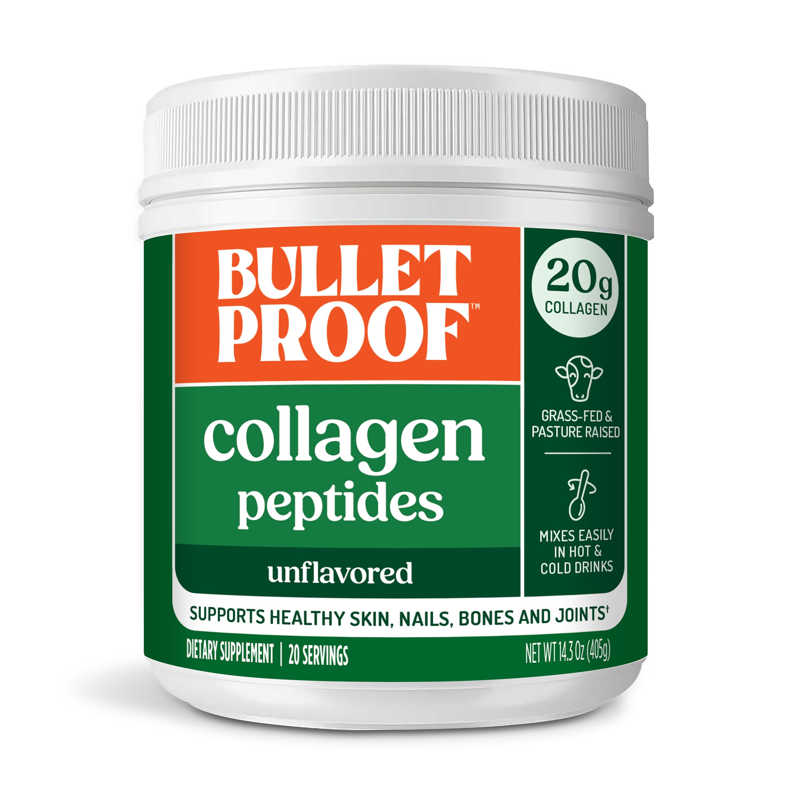 Bulletproof collagen peptides jar for easy daily use supporting skin and joints.