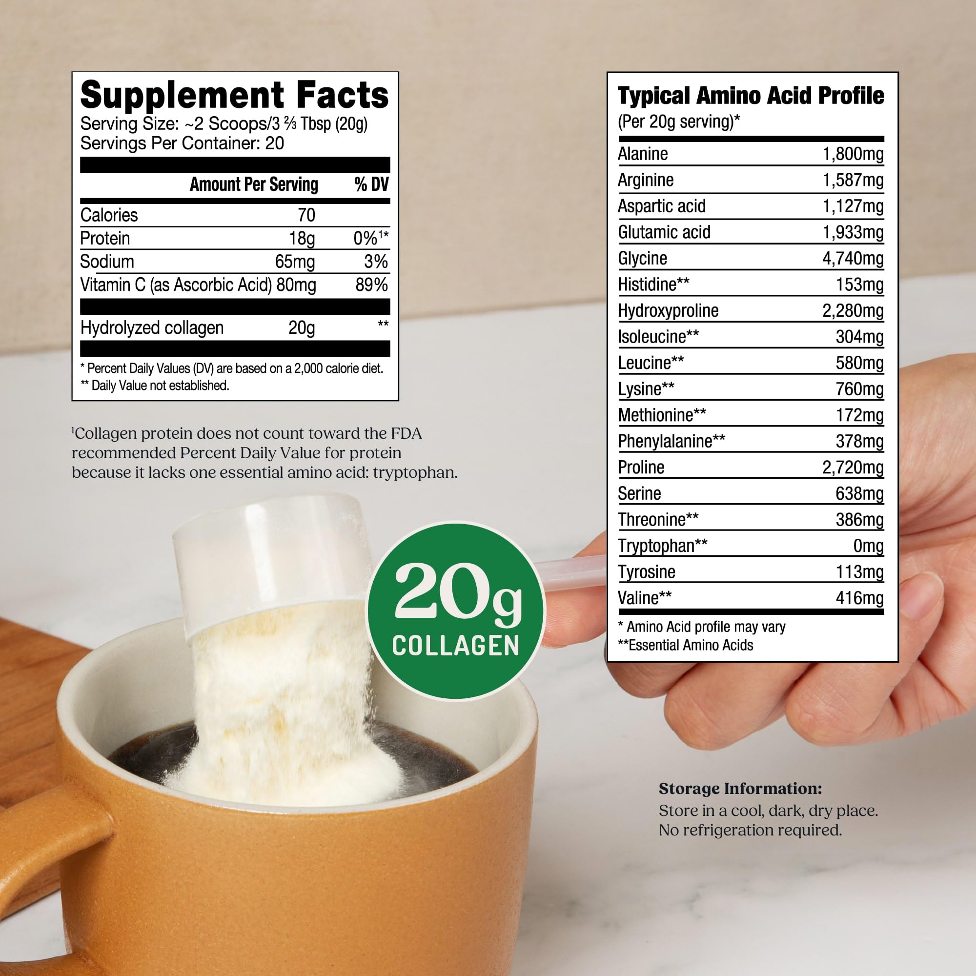 Bulletproof collagen peptides being poured into a cup for hot or cold drinks.