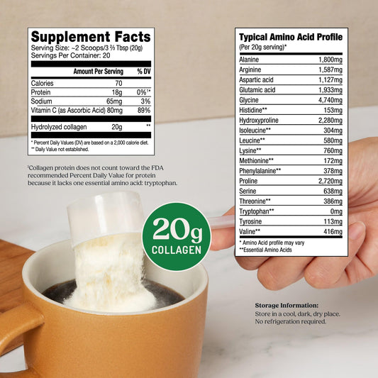 Bulletproof collagen peptides being poured into a cup for hot or cold drinks.
