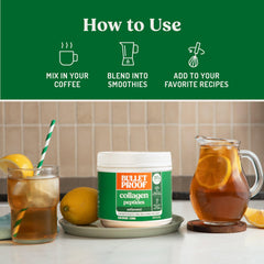 Bulletproof collagen peptides added to a smoothie for protein support.