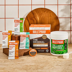 Bulletproof bar highlights dairy-free, gluten-free, non-GMO ingredients for clean fueling.