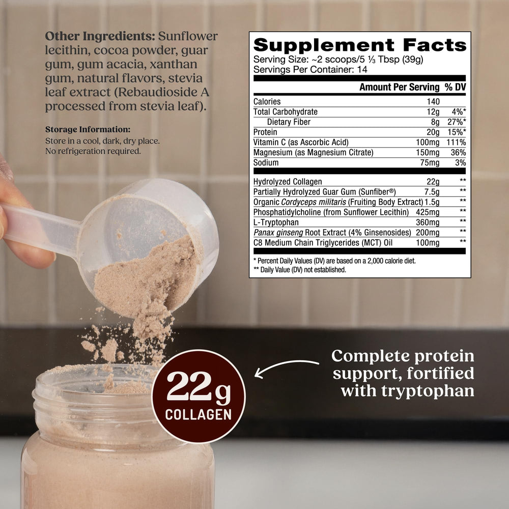 Bulletproof dark chocolate energy collagen protein cold shake for convenient daily protein.