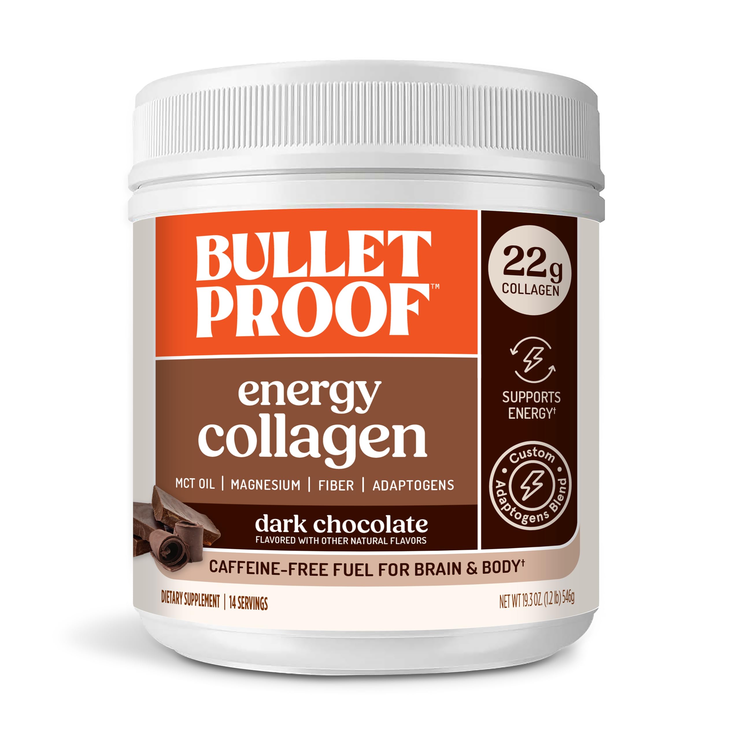 Bulletproof dark chocolate energy collagen protein jar showing 20 g collagen for skin and joints.